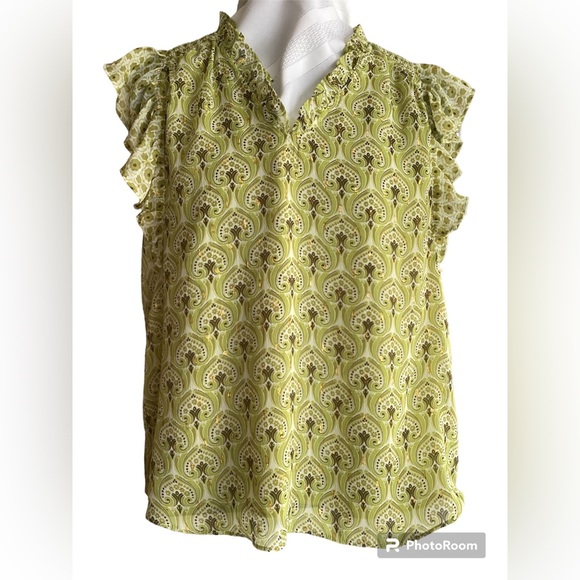 Rachael Zoe Green/Metallic Gold Paisley Flutter Cap Sleeve Pull on Lined Top SM - Picture 1 of 10